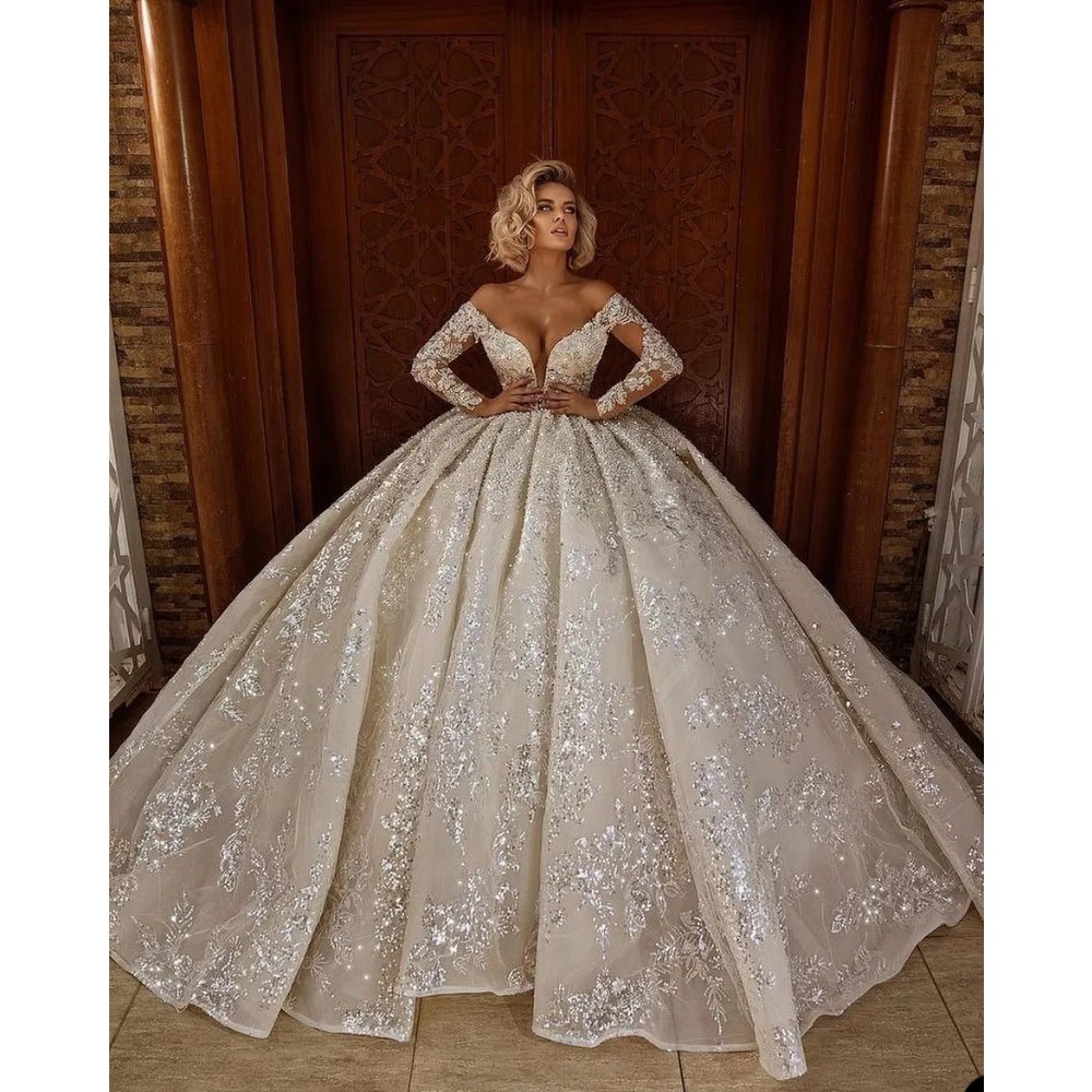 Stunningbride 2024 Saudi Arabia Princess Ball Gown Wedding Dress Off Shoulder Long Sleeve Luxury Lace Appliques Crystal Bridal Gowns