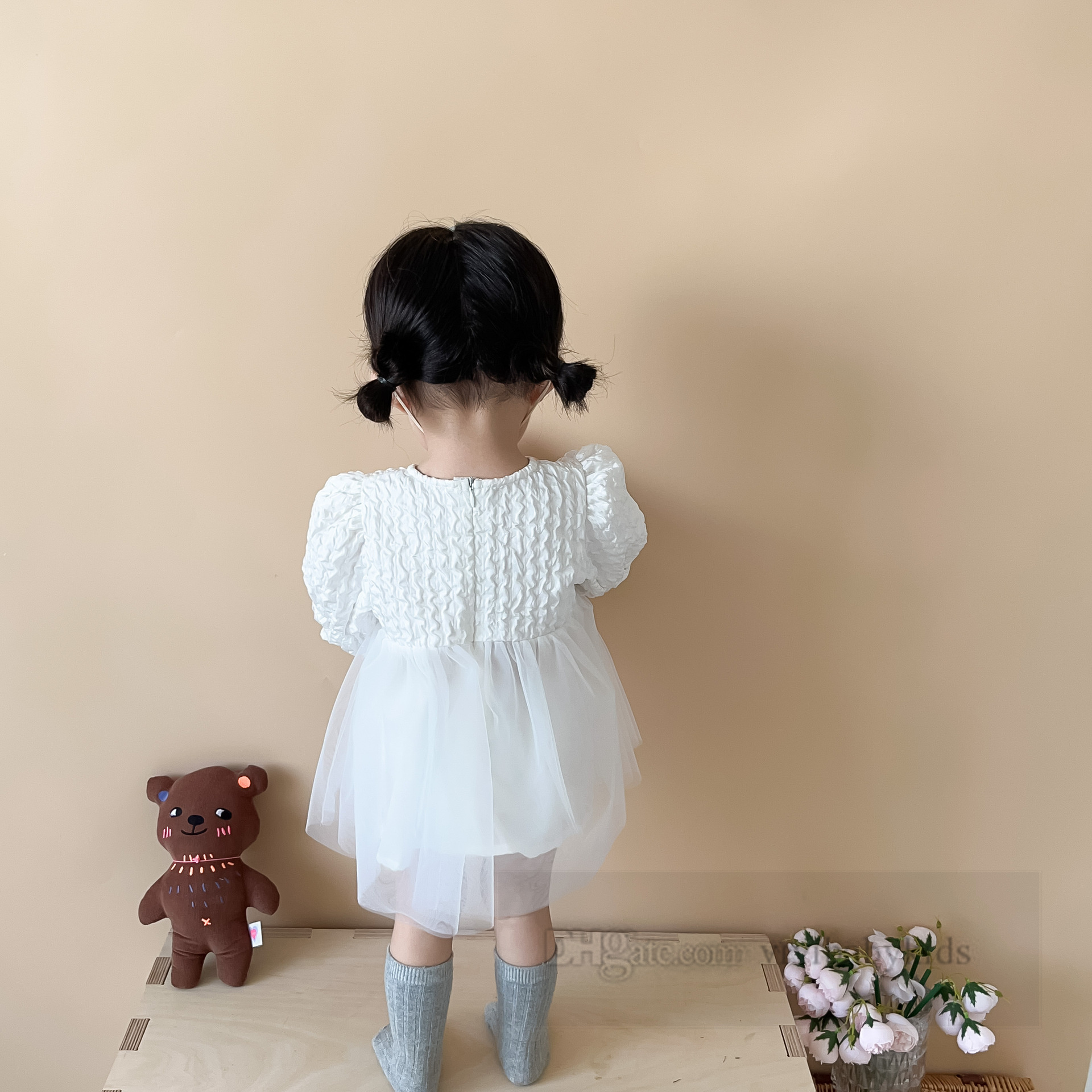 Baby 1st Birthday Party Dresses Little Girls Ruffle Puff Sleeve Splicing Spets Tulle Dress 2024 Spring Infant Kids Double Gaze Princess Clothes Z6843