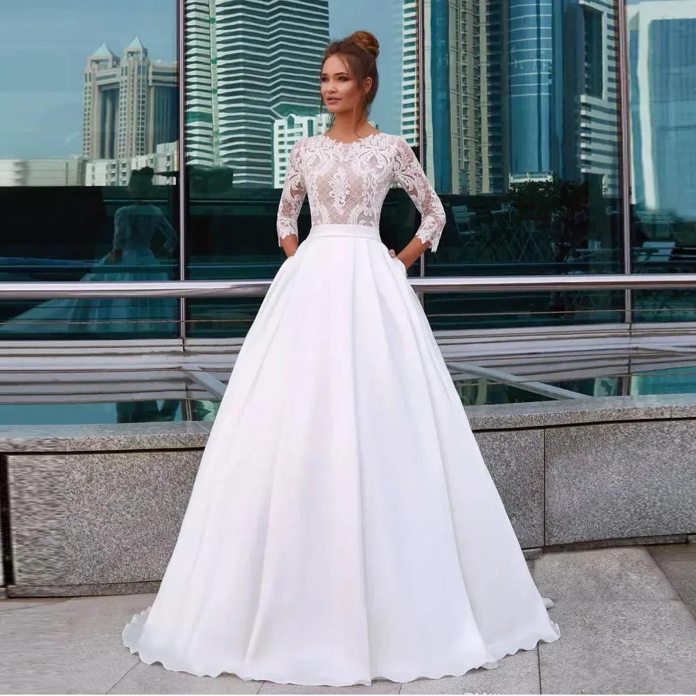 Elegant White Princess Wedding Dresses Jewel Neck 3/4 Long Sleeve Lace Appliques Country Bridal Gowns Pocket Satin Vestido De Novia