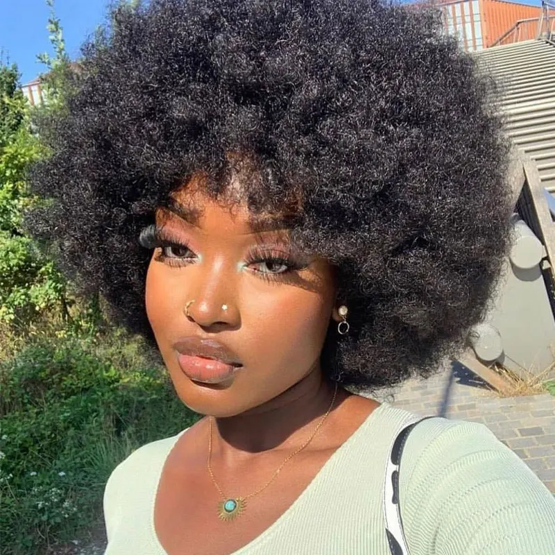 Fluffy Afro Kinky Curly Human Hair Wig with Thick Bang 70s Natural Short Bob Wigs for Black Women 180% Density Full Lace Front Wig