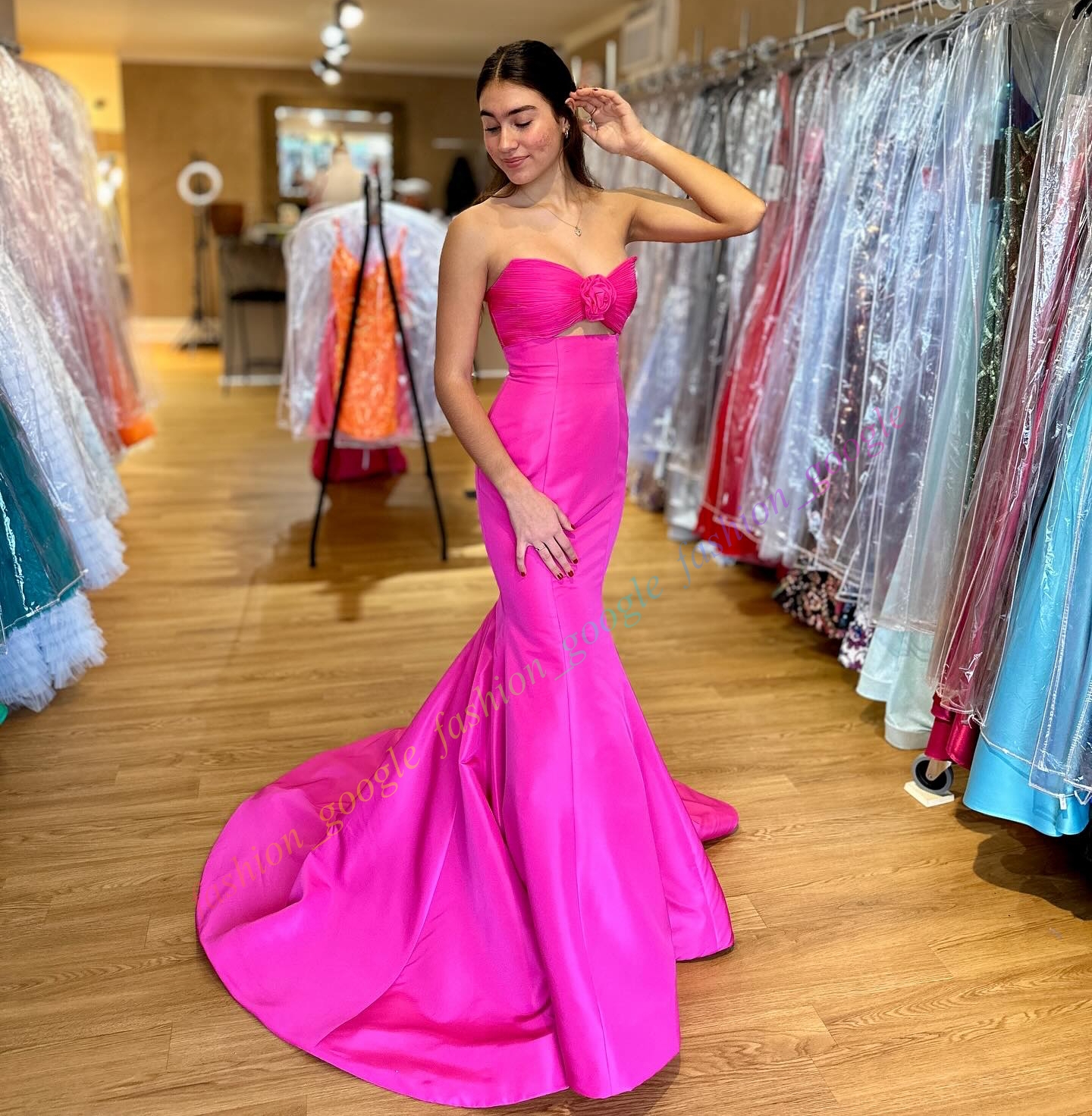 Strapless Fitted Prom Dress Taffeta Mermaid Pageant Winter Formal Evening Party Runway Gala Golden Globe Award Celebrity Gown Ruched Keyhole Neckline Bright Pink