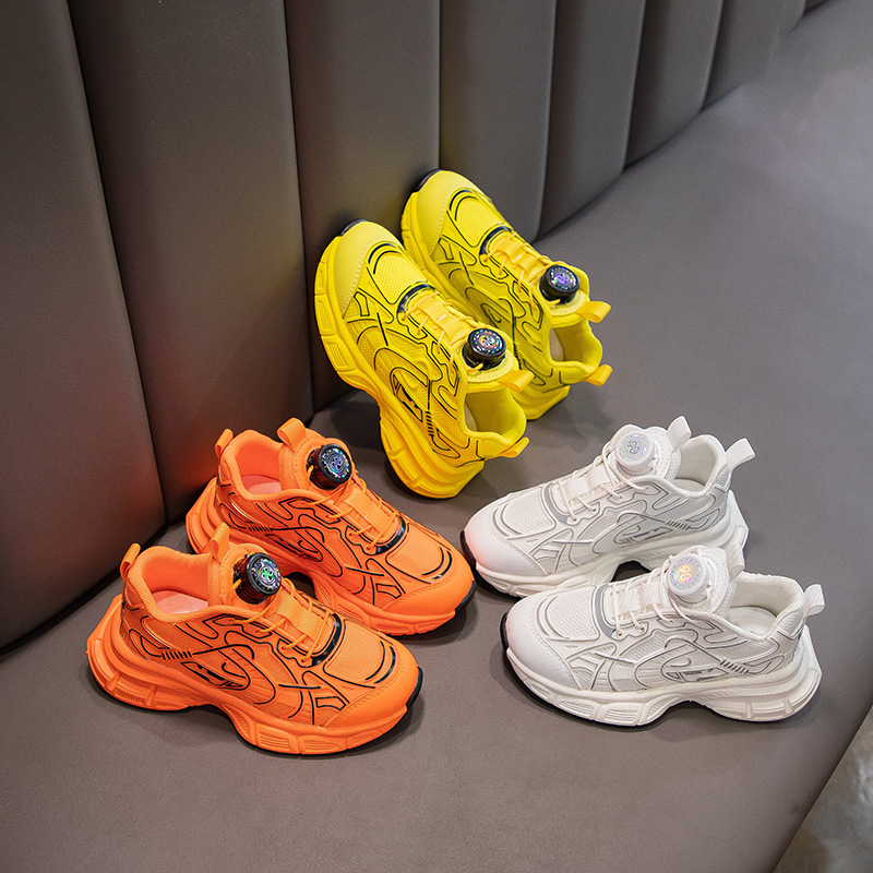 Yellow Sports Sneakers Spring Rotating Buckle Girls Baby Shoes for Kids Boys Sneakers Student 2024 New Soft Soles Non-slip Outdoor Children Athletic Shoes