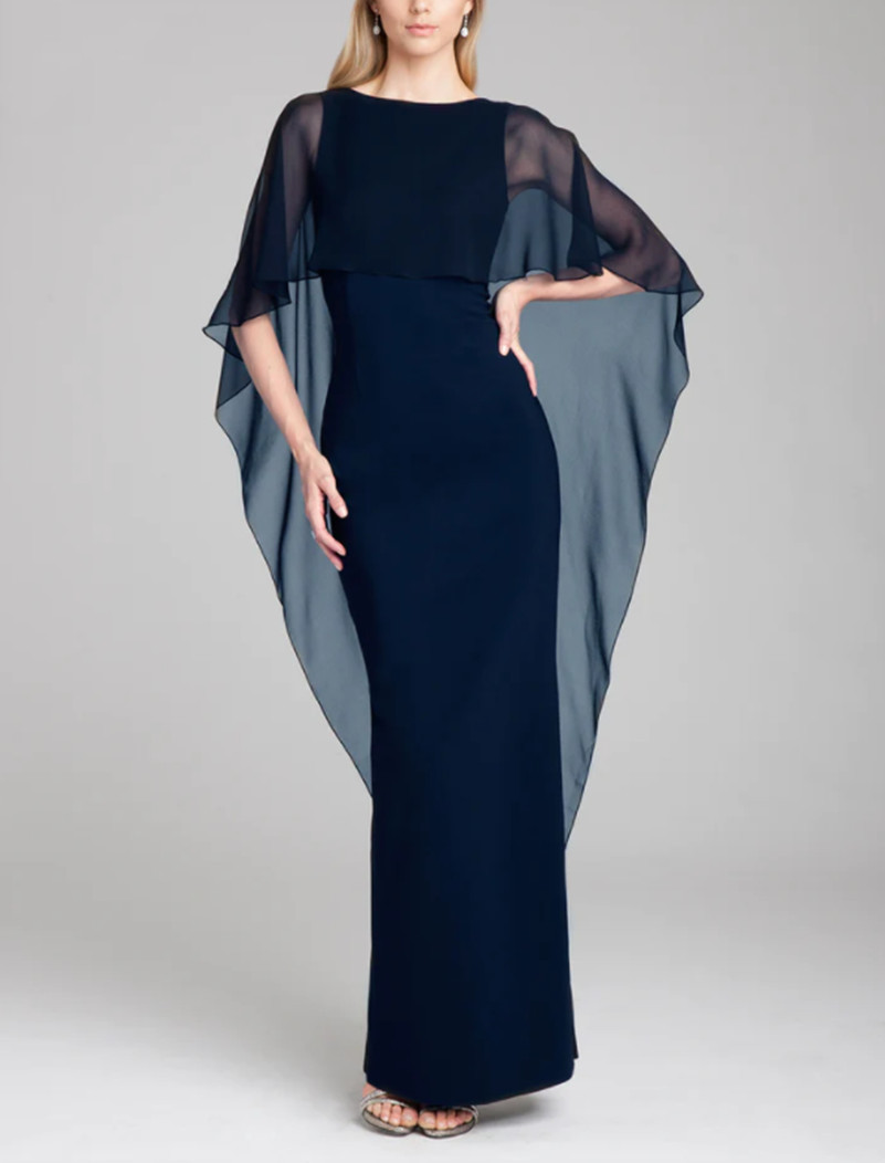 Elegante abito lungo in chiffon blu navy con collo gioiello la madre della sposa, sirena blu reale, aperto sul retro, lunghezza fino al pavimento, abito la mamma dello sposo, abito da madrina le donne