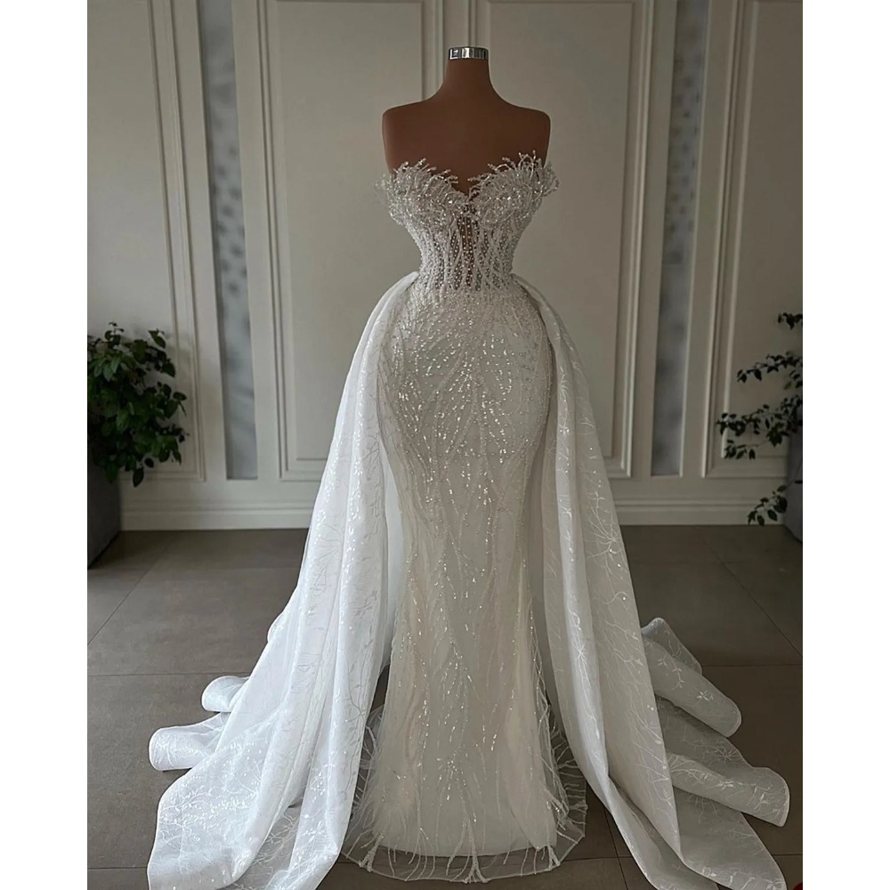 Stunningbride 2024 White Fashion African Sparkly Mermaid Wedding Dresses Custom Made Lace Appliques Sequins With Detachable Train Bridal Dresses