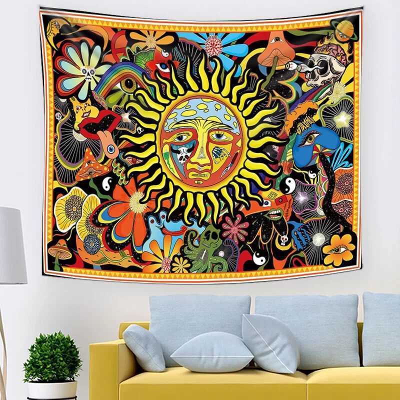 Tapisseries Psychédélique Tarot Trippy Sublime Soleil Tapisserie Tenture Murale Hippie Tapisseries Champignon Tapisserie Esthétique Chambre Décor À La Maison