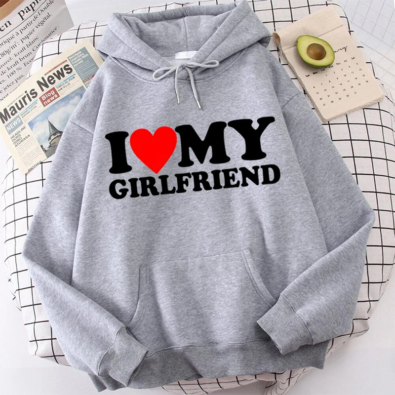 Valentine's Day I Love My Boyfriend/Girlfriend Printed Casual Round Neck Long Sleeve Pullover Hoodie Suitable for Spring and Autumn Couple Clothing