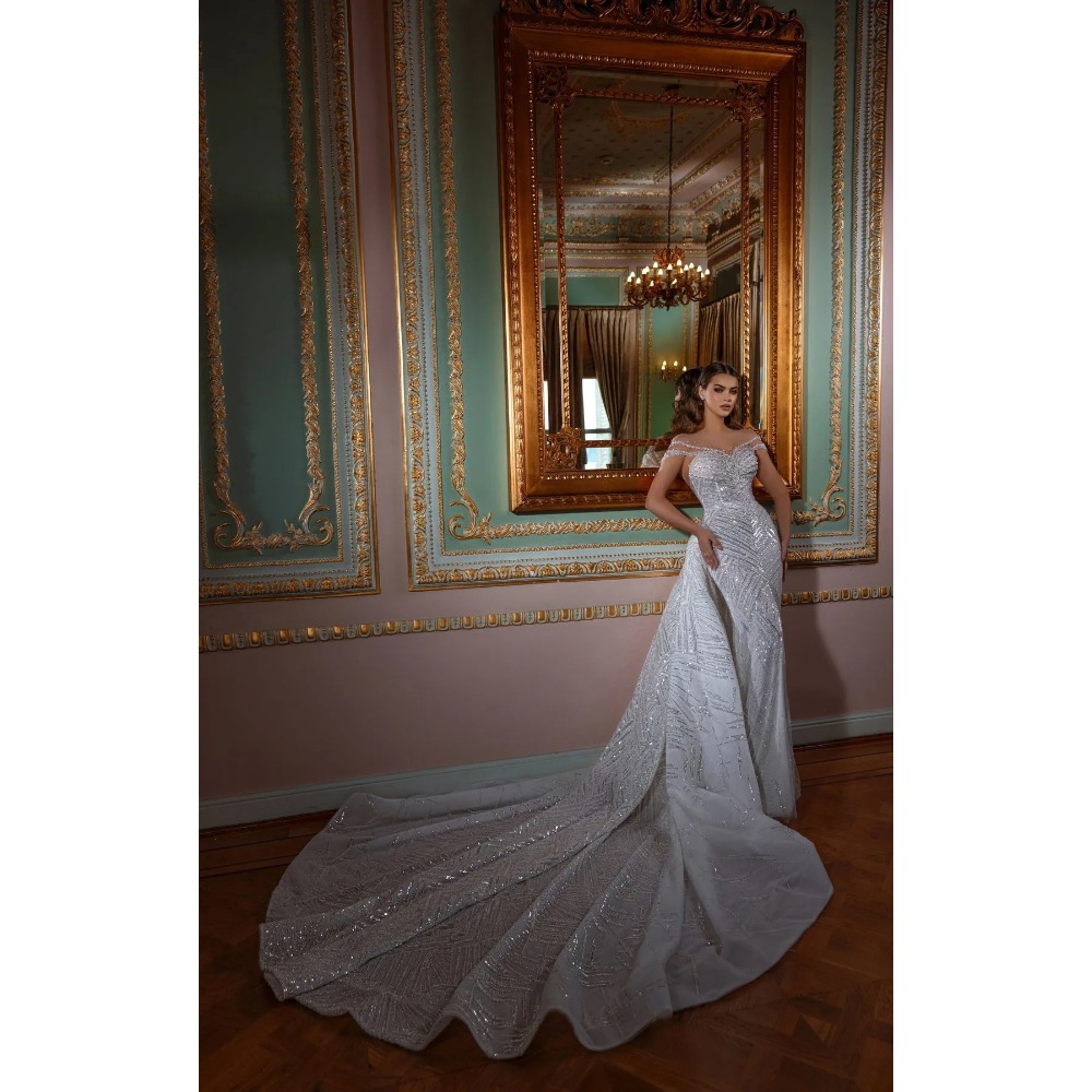 Superbe robe de mariée sirène illusion sexy, paillettes scintillantes, épaules dénudées, robes de mariée de luxe sur mesure avec train détachable, 2024