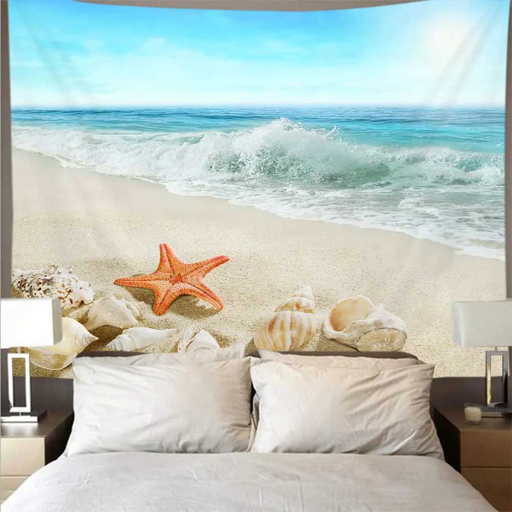 Tapestries Beautiful Sea Beach Blue Sky Landscape Tapestry Polyester Wall Cloth Art Tapestry Wall Hanging Sea Wave Theme Home Decorations