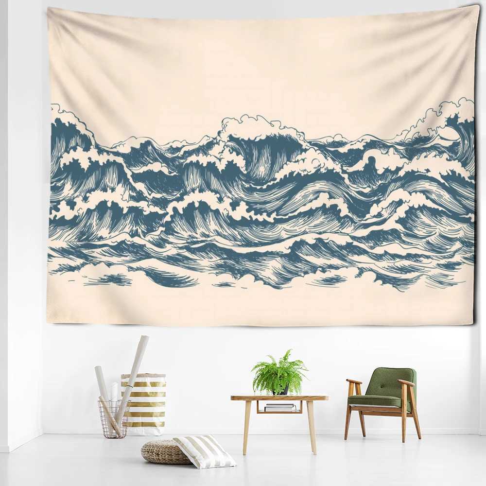 Tapestries Beige Cartoon Wave Tapestry Wall Hanging Minimalist Art Kawaii Bohemia Abstract Bedroom Living Room Home Decor