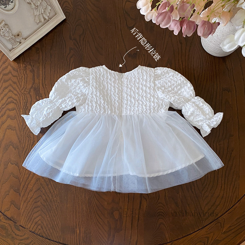 Baby 1st birthday party dresses little girls ruffle puff sleeve splicing lace tulle dress 2024 spring infant kids double gauze princess clothes Z6843