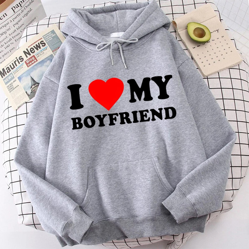 Valentine's Day I Love My Boyfriend/Girlfriend Printed Casual Round Neck Long Sleeve Pullover Hoodie Suitable for Spring and Autumn Couple Clothing