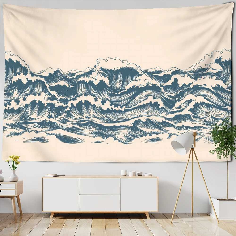 Wandtapijten Beige Cartoon Wave Tapijt Muur Opknoping Minimalistische Kunst Kawaii Bohemen Abstract Slaapkamer Woonkamer Home Decor