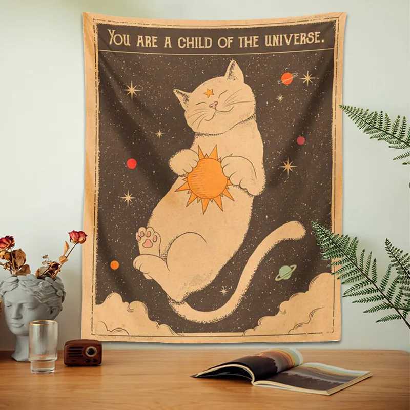 Tapissries Sun Moon Tarot Cat Tapestry Wall Hanging Witchcraft Du är ett barn i universum Böhmen Heminredning Hippie Bedroom Decor