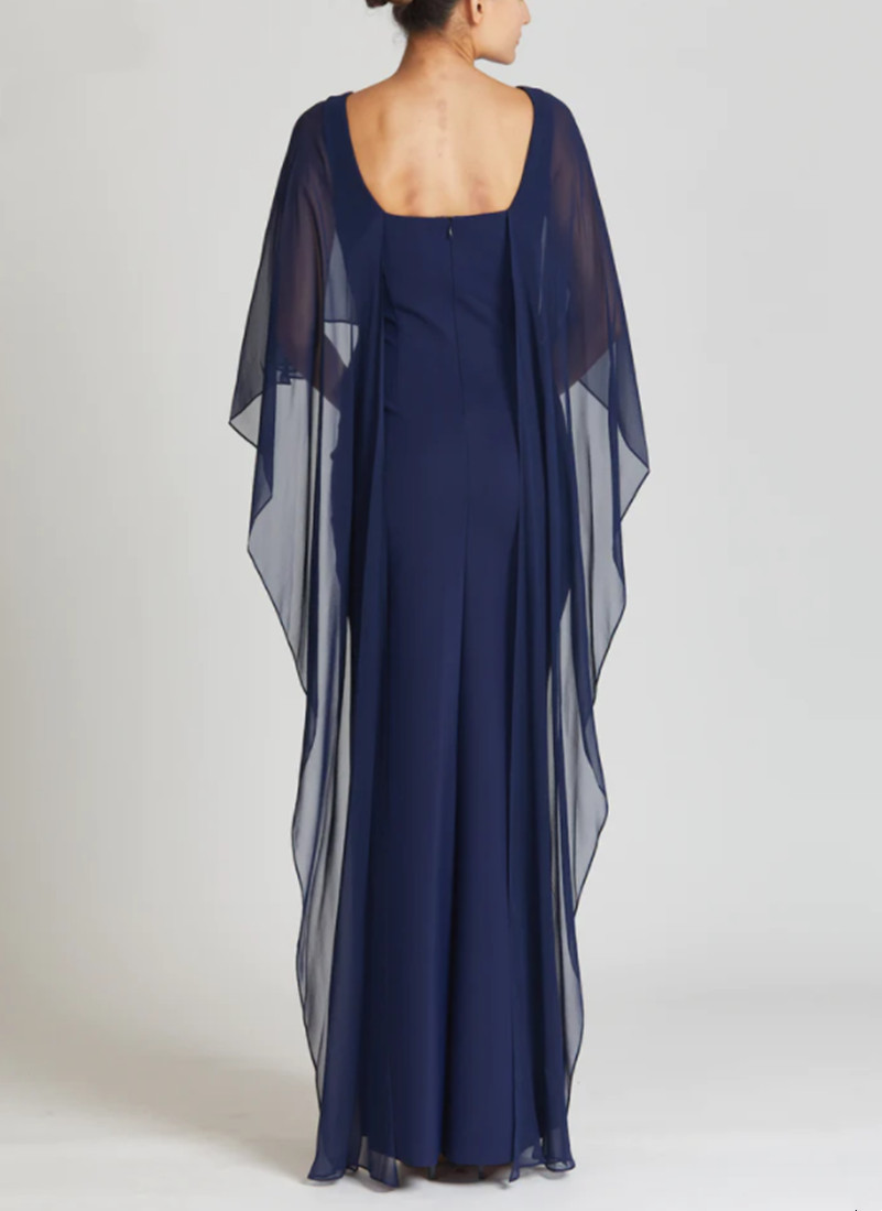 Elegante abito lungo in chiffon blu navy con collo gioiello la madre della sposa, sirena blu reale, aperto sul retro, lunghezza fino al pavimento, abito la mamma dello sposo, abito da madrina le donne