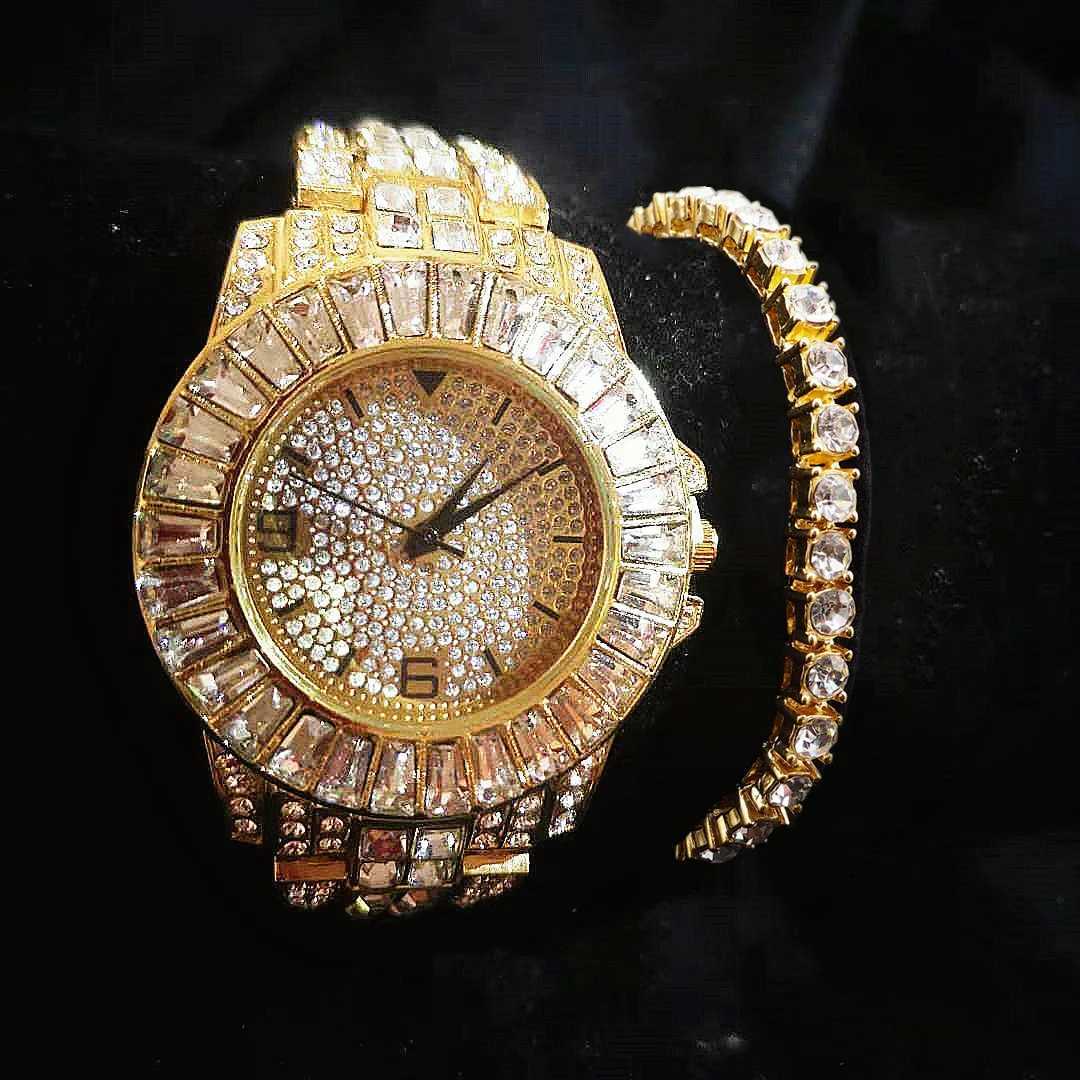 Outros 2 pçs / set Iced Out Tennis Pulseira para Homens Mulheres Luxo Pretty Fashion Bling Gold Ladies Mulheres Relojes Para Mujer YQ240122