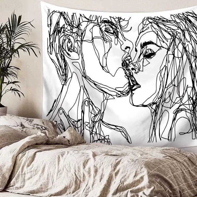 Tapisseries Ligne abstraite Dessiner Tapisserie créative Baiser Couple Hippie Tenture murale Tissu Amour Bohème Image Tapisseries Tapis mural Tapis