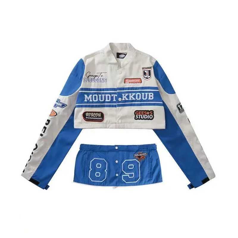 Kvinnorjackor 2023 Spring New American Street High Street Mosaic Racing Suit Hem Löstagbar Stativ Collar Motorcykeljacka Jackor Kvinna Y2K YQ240123