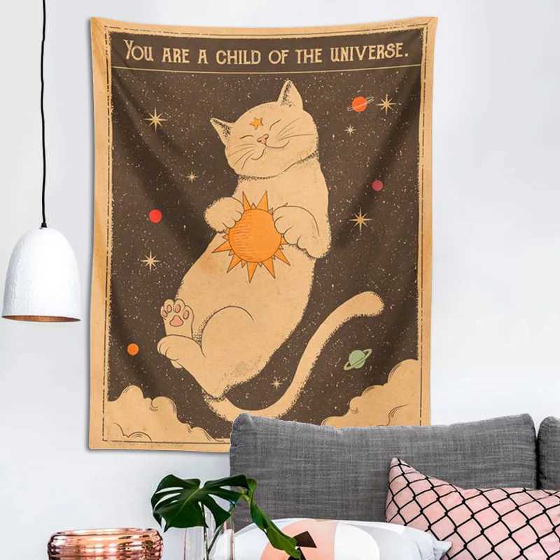 Tapissries Sun Moon Tarot Cat Tapestry Wall Hanging Witchcraft Du är ett barn i universum Böhmen Heminredning Hippie Bedroom Decor