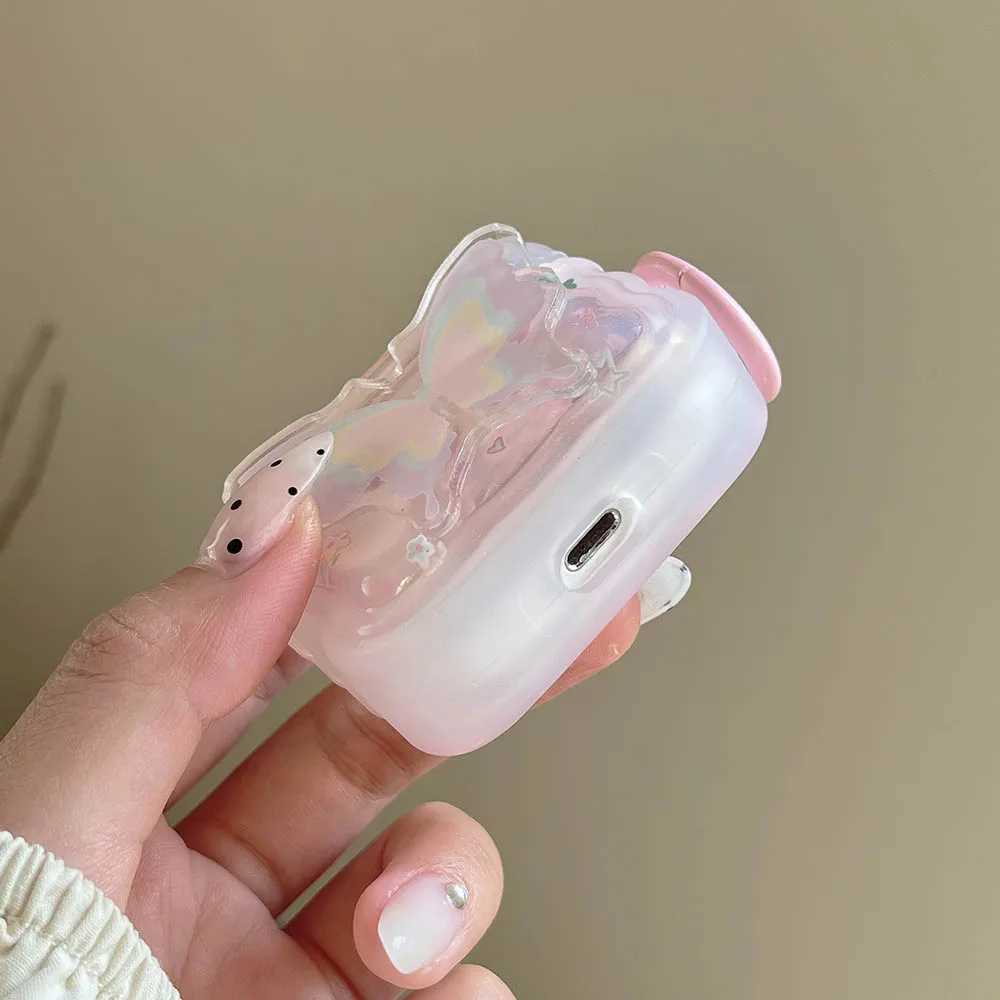 Casos de telefone celular Caixa de fone de ouvido para Apple AirPods 3 Novo INS Dreamy Gradiente 3D Borboleta Rosa Ondulado Headset Coque para Air Pods Pro 2 1 Caso Chaveiro