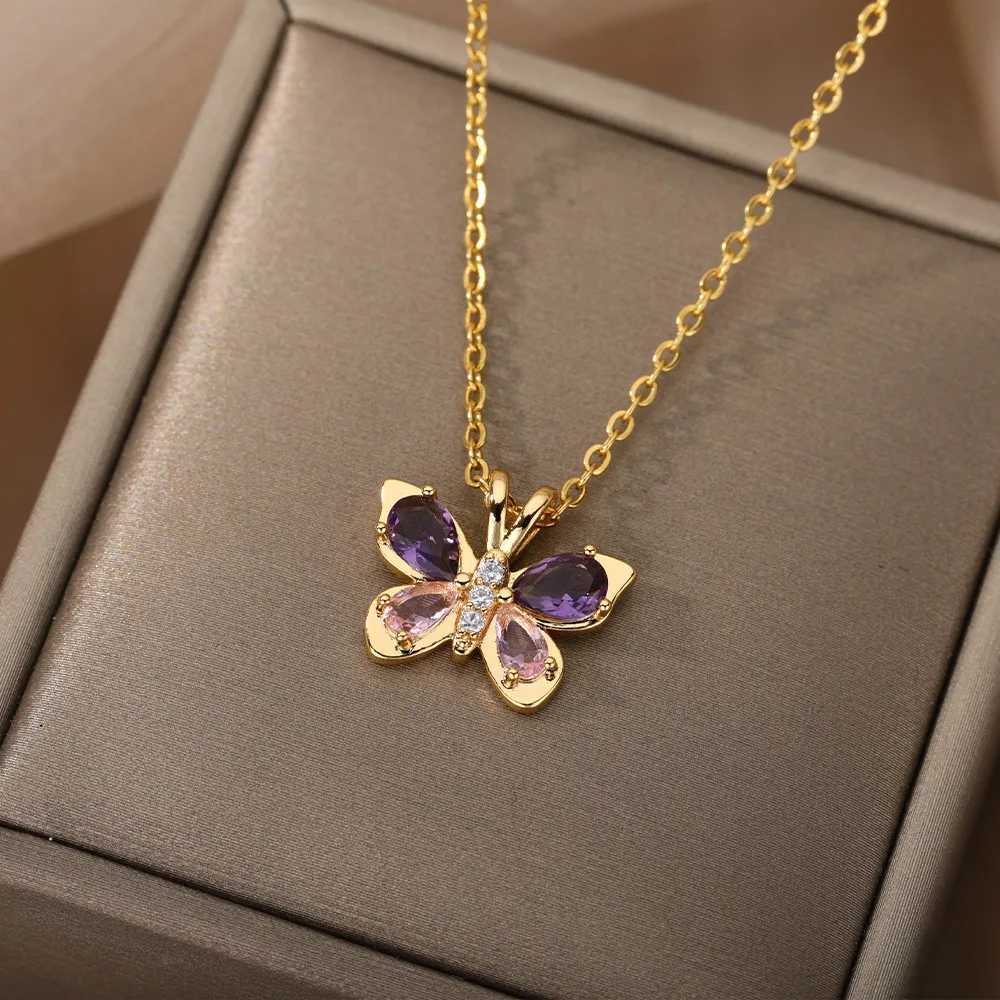 Anhänger Halsketten Zirkon Schmetterling Anhänger Halsketten Für Frauen Edelstahl Kristall Kragen Choker Halskette Ästhetischer Schmuck Geschenk emo YQ240124