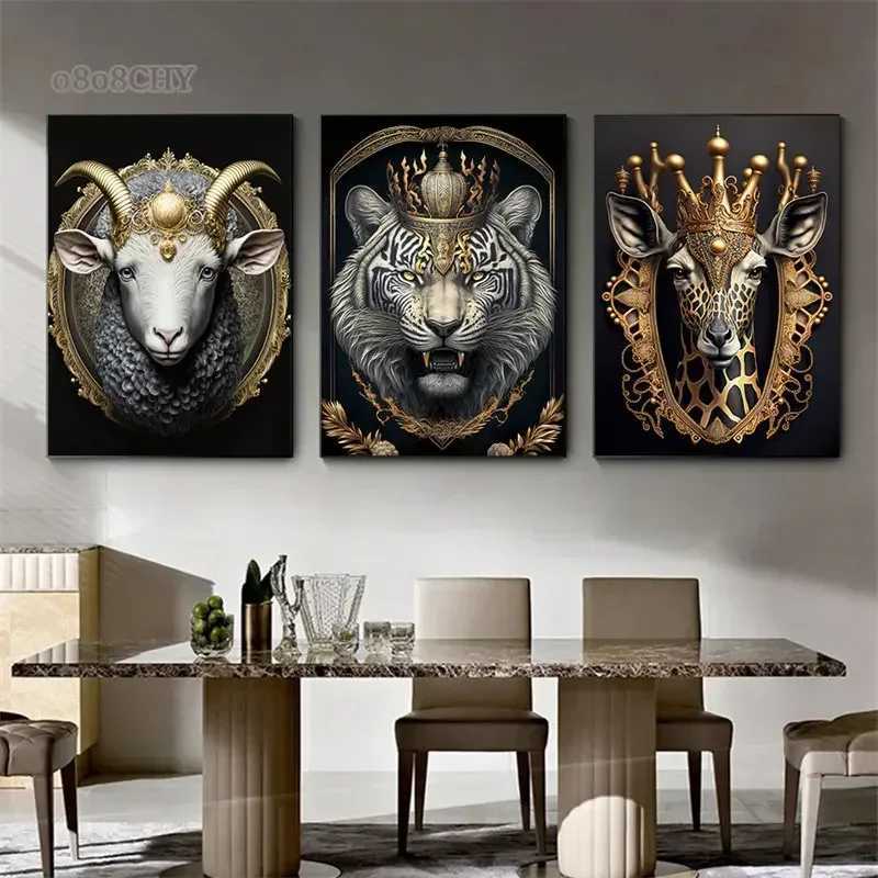 Paintings Black Gold Metal Animal Wall Art Canvas Painting King Lion Dragon Tiger Dog Poster Prints Pictures for Modern Living Room Decor