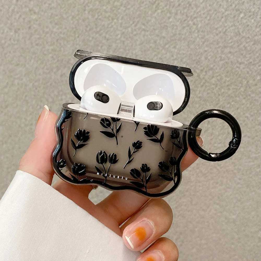 Mobiltelefonfodral Ins Clear Black Tulip Flower Case för AirPods 3 1 Söt transparent omslag Retro Rose Flowers Wave Earphone Funda för AirPod Pro 2