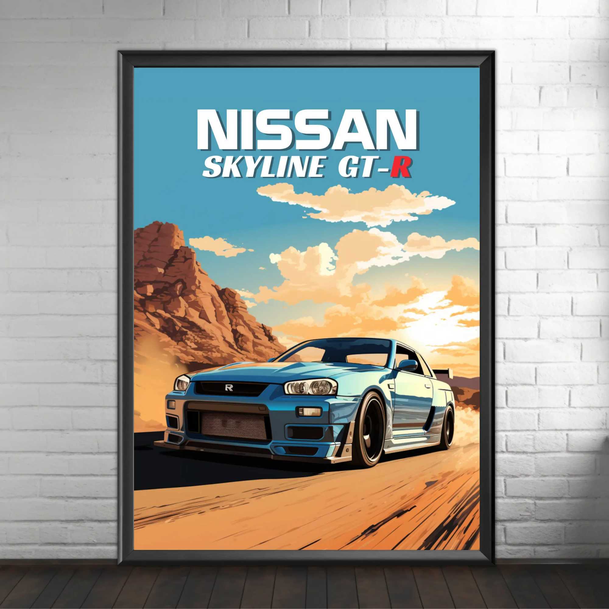 Paintings Japanese Car 1990s Car Nissan Skyline GT-R R34 Retro Poster Canvas Painting Wall Art Pictures Home Interior Decor