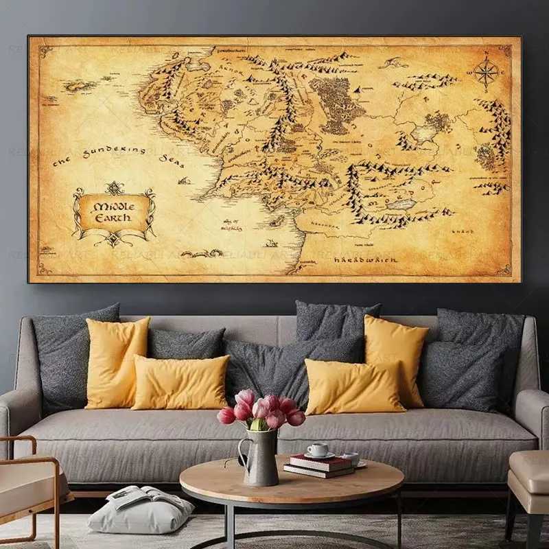 Dipinti Retro Mappa del Signore degli Anelli Pittura su tela Mappa vintage della Terra di Mezzo Poster Film Immagini di arte della parete la decorazione della casa Soggiorno