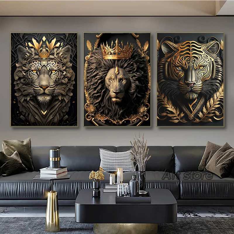 Pinturas Escultura de Metal Gorilla King Canvas Pintura Golden Lion Tiger Deer Bull Poster Art Animal Estátua Fotos para Decoração de Parede