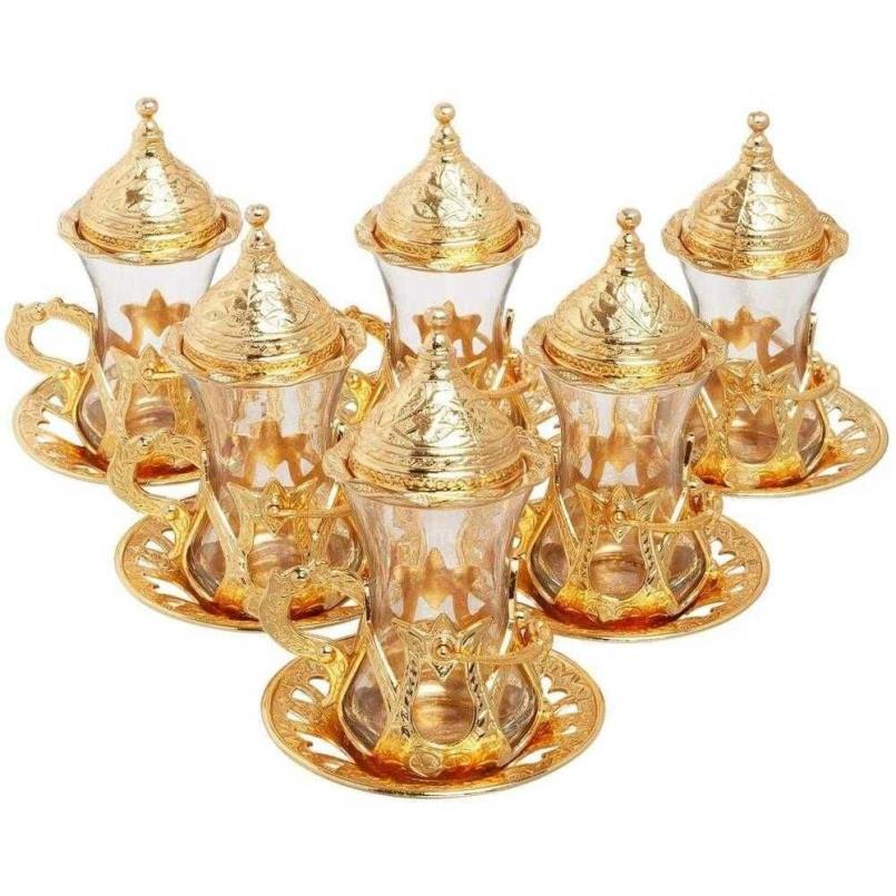 Ottoman Authentic Design Turkish Greek Arabic Tea Set 6 Service Tea Cup Plates & Lids gift347L