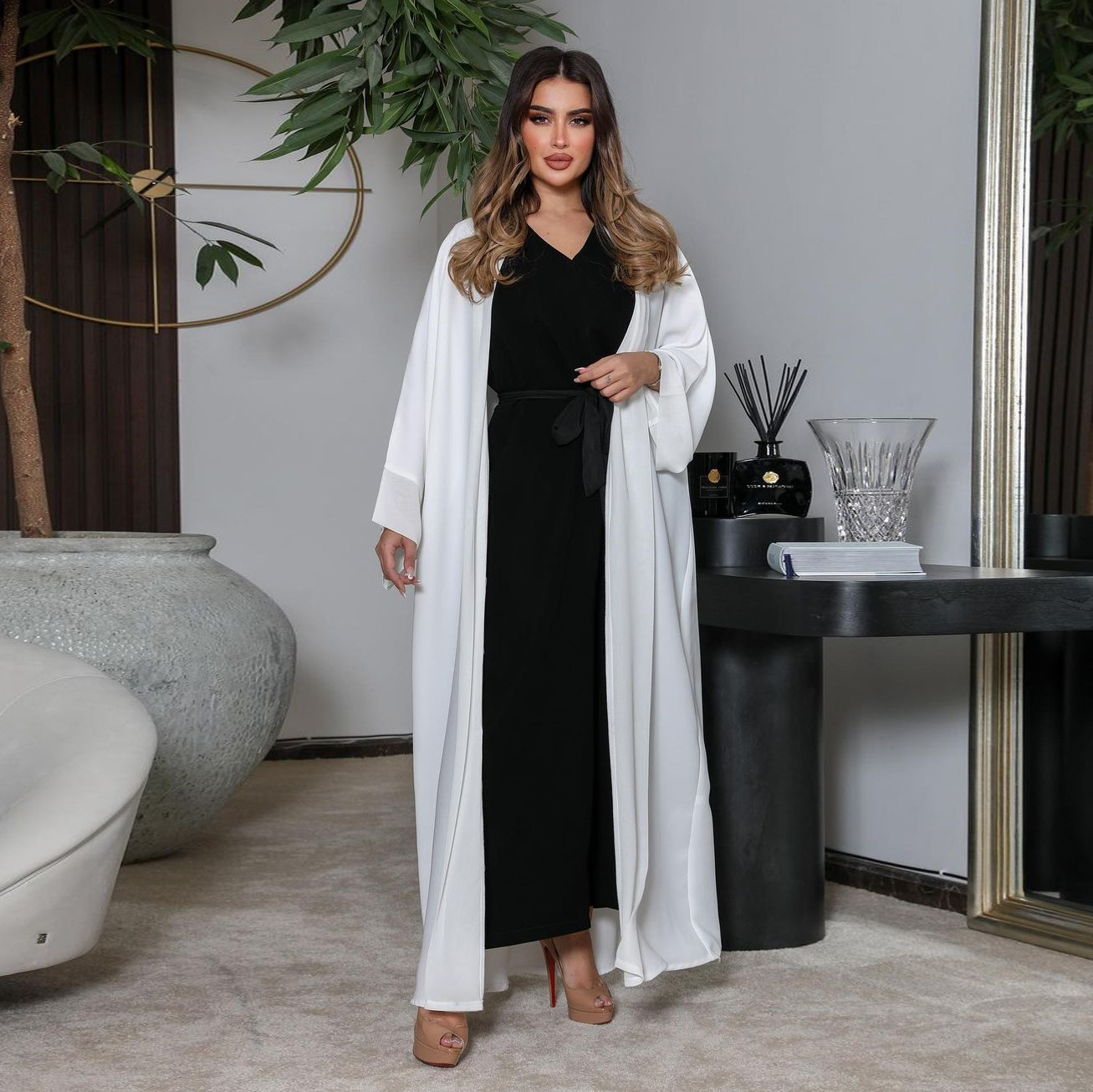 Muslim Fashion Cardigan Chiffon Robe Suit Middle East Women Arabian Abaya and Jumpsuit Elegant Two Pieces Set Dubai Clothing caftan marocain femme