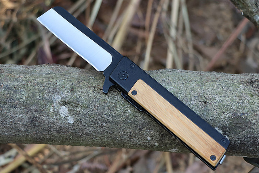 MM7704 Flipper couteau pliant 3Cr13Mov lame de rasoir satinée manche bois/acier camping en plein air randonnée EDC couteaux de poche boîte de vente au détail