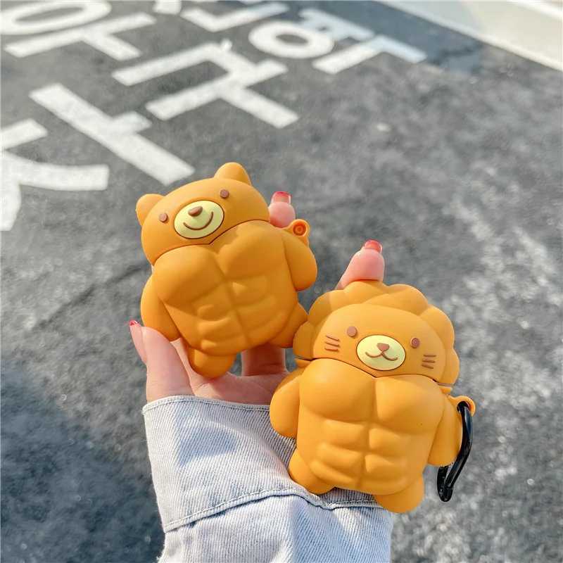 Cell Phone Cases Cute Muscular Animal Cat Lion Box For Apple AirPods 1 2 Pro Case Silicone Wireless Bluetooth Earphone Cover For Airpods 3 Case