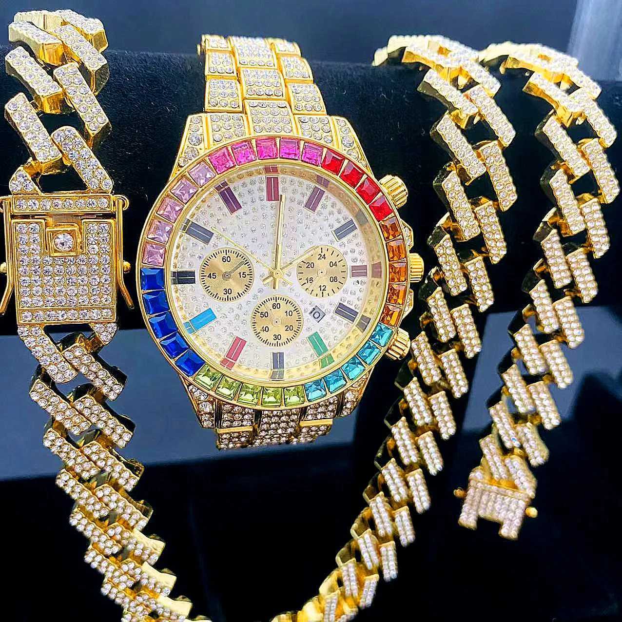 Other for Men Women Luxury Necklace Bracelet Jewelry Set Bling Gold Silver Multicolour Diamond Cuban Chain Clock YQ240122