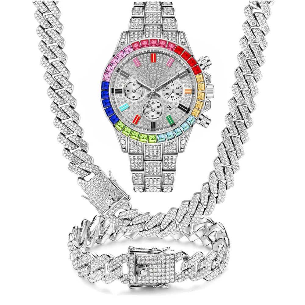 Other for Men Women Luxury Necklace Bracelet Jewelry Set Bling Gold Silver Multicolour Diamond Cuban Chain Clock YQ240122