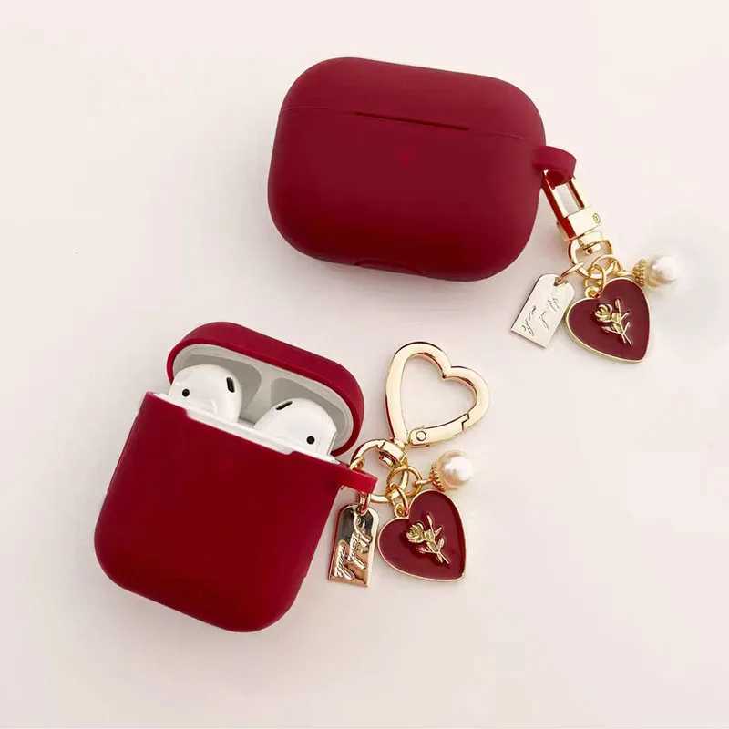 Custodie cellulari Custodia auricolari in silicone rosso vino Apple Airpods 1/2/3 Pro 2a scatola auricolare Bluetooth con dolce portachiavi vintage con perla rosa