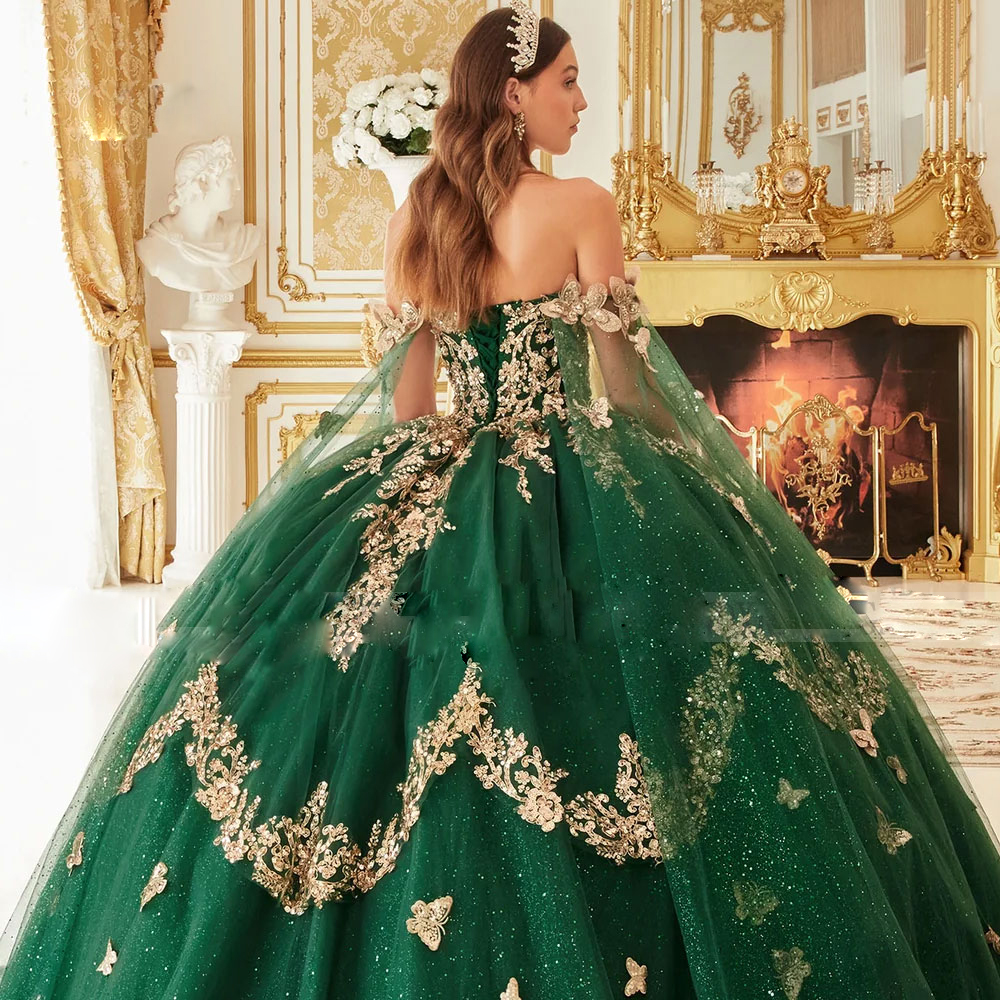 Emerald Green Lace Applique Quinceanera Dresses 2024 Off the Shoulder Tier Ball Gown Sweet 15 Dress Glitter Sequin Vestidos De 16 Anos