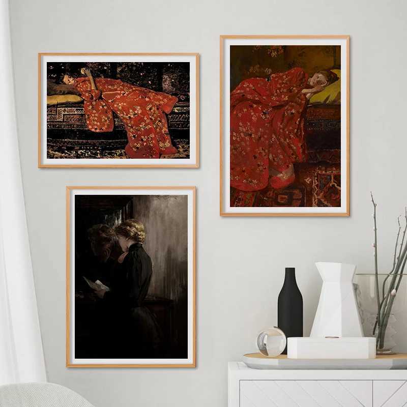 Paintings Woman Reading Antique Oil Painting On Canvas Posters Vintage Gallery Wall Art Pictures Female Prints for Living Room Home Decor