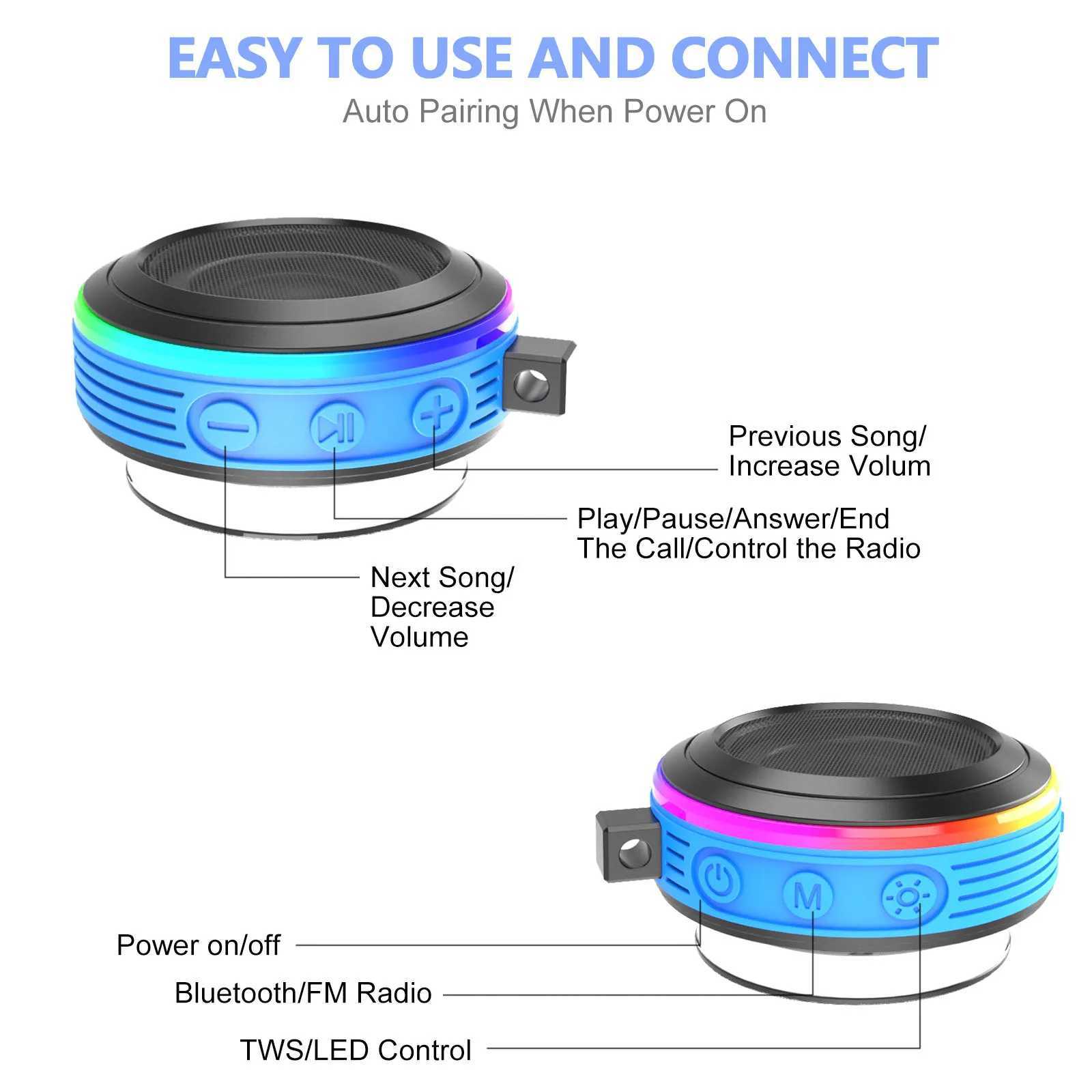 Портативные колонки Мини Bluetooth-динамик Ванная комната IPX7 Водонепроницаемый аудиоплеер Беспроводные колонки для душа RGB-подсветка с FM-радио для мобильного телефона YQ240124