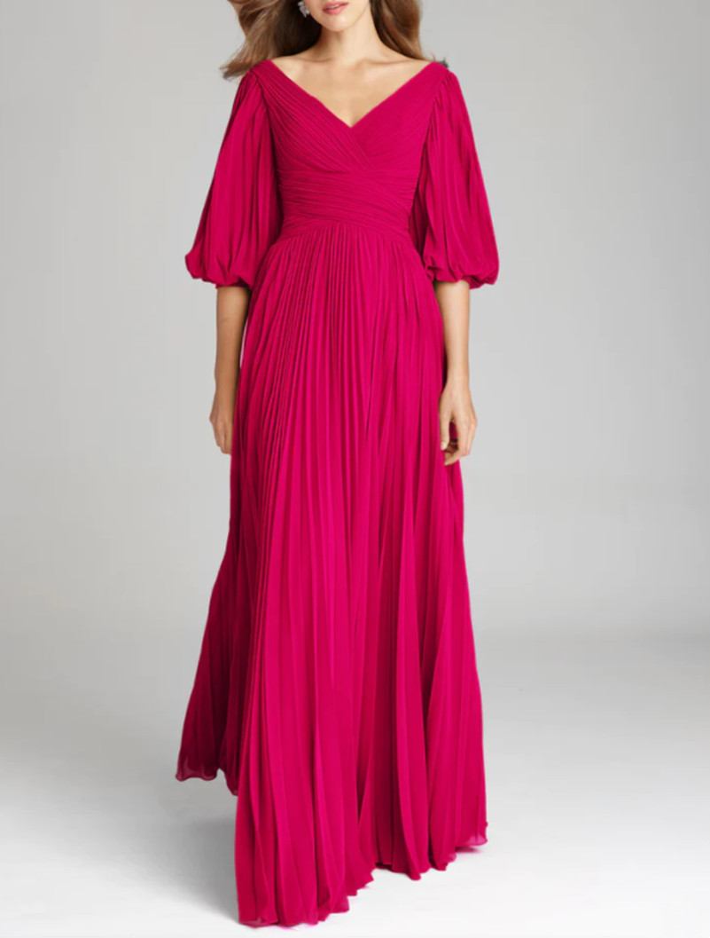 Stijlvolle lange roze chiffon V-hals 3/4 mouw Moeder van de bruidjurken A-lijn Fuchsia Koningsblauw Geplooid Tot de grond Moeder van de bruidegomjurk Godmother-jurk voor dames