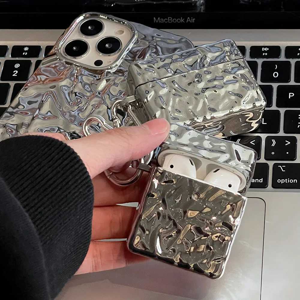 Mobiltelefonfodral tennfolie Silver Wrinkle Crease Fall för AirPods 3 Pro 2 Earphone -fodral för Apple Airpod 1/2/3 Mjukt pläteringsskyddsbox
