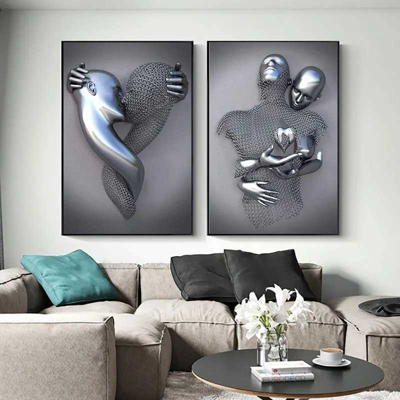 Peintures 3D Love Heart Gris Métal Figure Statue Peinture sur Toile Art Affiches et Impressions Mur Photos pour Salon Décoration de la Maison