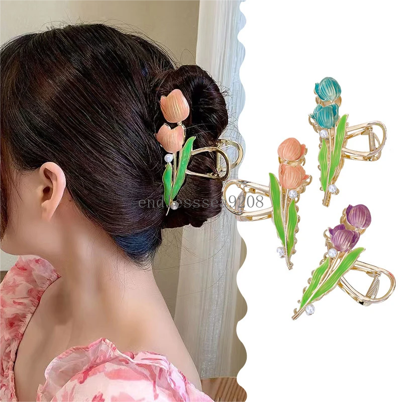 Mode Tulpe Blume Haar Klaue Clip für Frauen Süße Metall Shark Haar Klemme Haarnadeln Mädchen Haar Zubehör Pinzas Para el Pelo