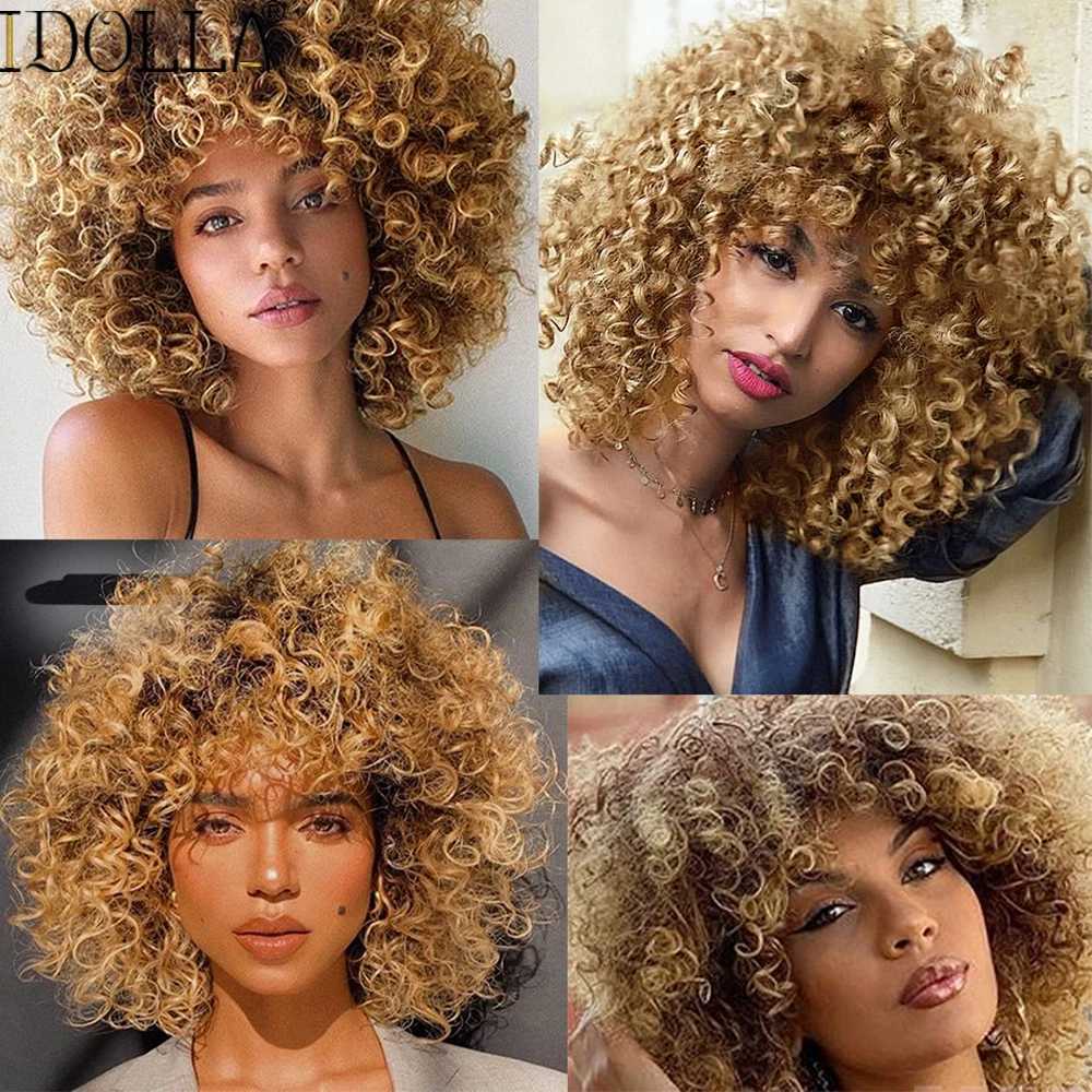 Perruques synthétiques Idolla courte perruque Blonde bouclée synthétique Afro crépus bouclés perruque avec frange pour les femmes noires naturel Ombre Blonde Cosplay perruqueL240124