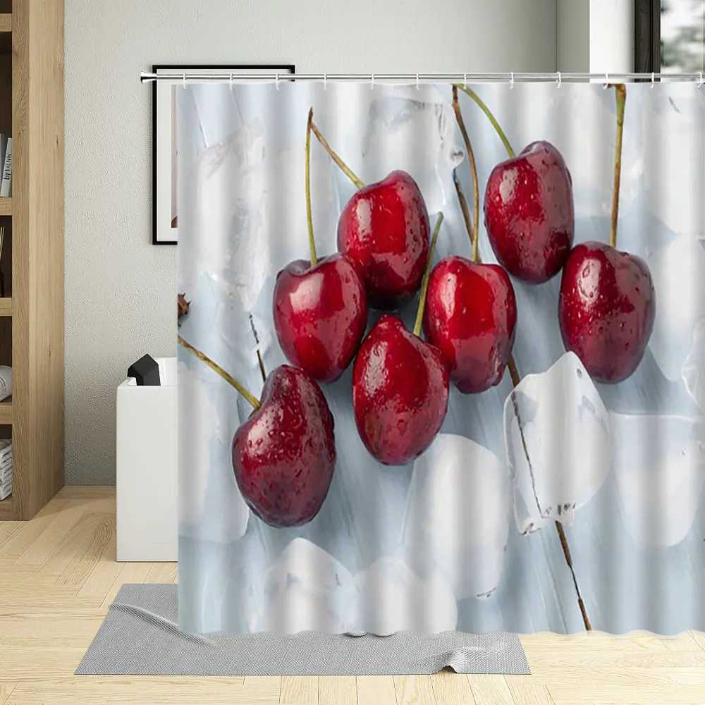 Rideaux de Douche Dessins Animés Fruits Cerise Rideau de Douche Cerises Feuille Verte Impression Rideaux imperméable Polyester Salle de Bain décor décoration Murale