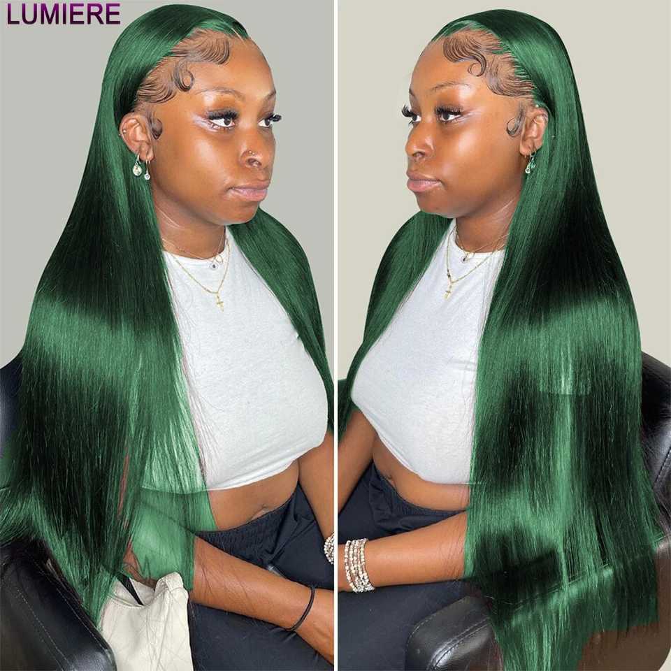 Perruques synthétiques faisceaux de cheveux de couleur vert foncé avec fermeture cheveux Remy faisceaux droits en os bleu avec ligne de cheveux frontale pré-épilée 13x4L240124