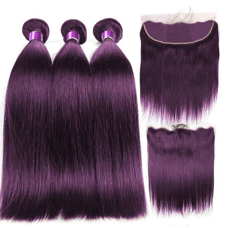 Synthetic Wigs Colored Dark Purple Straight Hair Bundles With Closure Lace Closures With Bundles Virgin Hair Weave Bundles With ClosureL240124