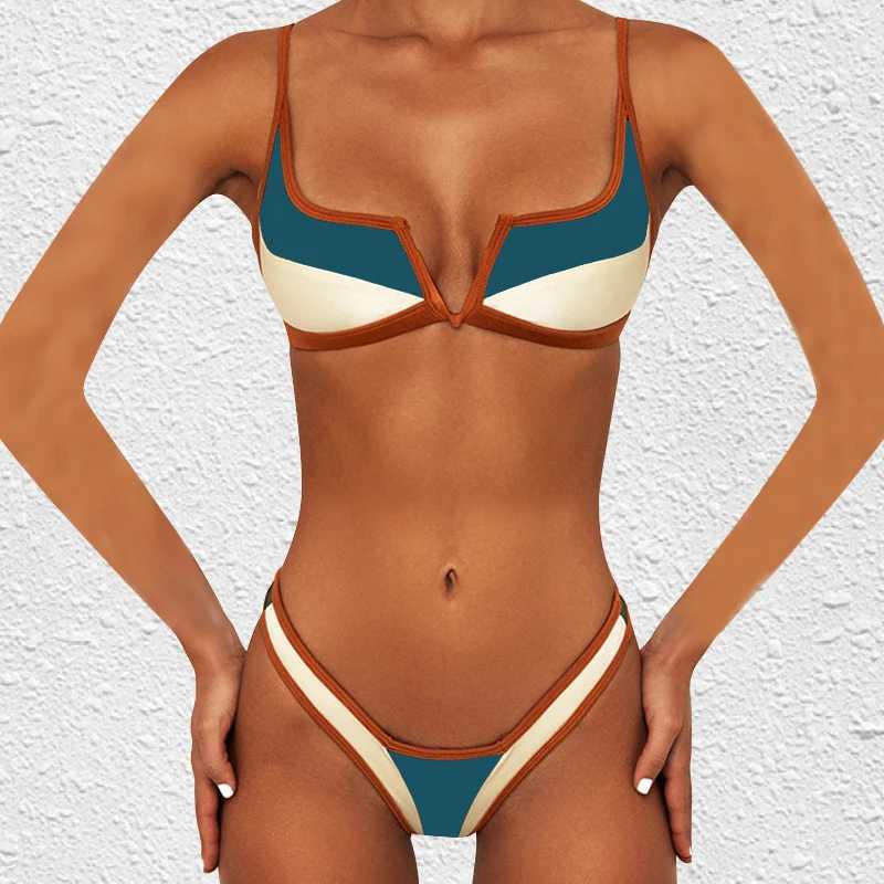 Maillots de bain pour femmes XS-XL V-Bar Sexy Bikini String Maillot de bain brésilien Femmes Colorblock Vintage Maillot de bain Été Micro Bleu Vert Maillot de bain Biquini YQ240124