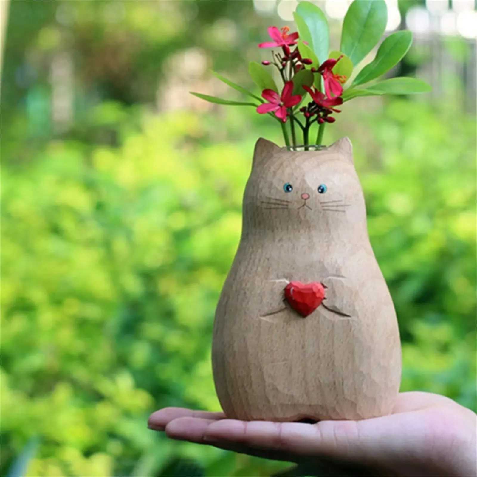 Vases Handmade Wooden Cat Vase Solid Wood Handmade Vase Solid Tall Floor Vase Potted Meat Bulk Ceramic Vases for Flowers 14 InchesL24