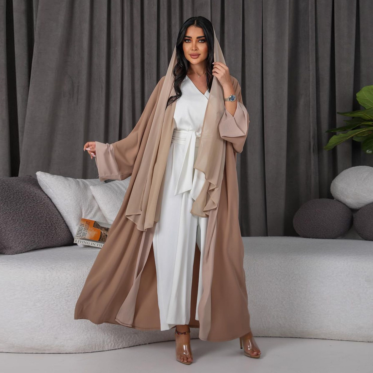 Muslim Fashion Cardigan Chiffon Robe Suit Middle East Women Arabian Abaya and Jumpsuit Elegant Two Pieces Set Dubai Clothing caftan marocain femme